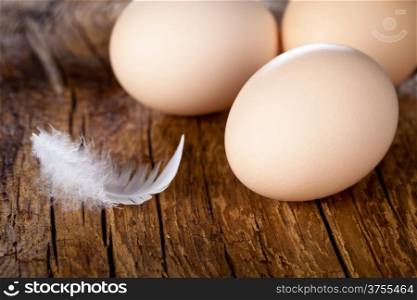 Fresh eggs on wooden table background. Copy space