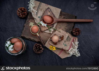 Fresh farm eggs on beautiful wooden background, Nutrition concept, Selective focus, The view from the top.