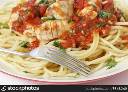 Fresh fish in arrabbiata sauce, served on spaghetti and with a fork, sprinked with a parsely garnish, closeup