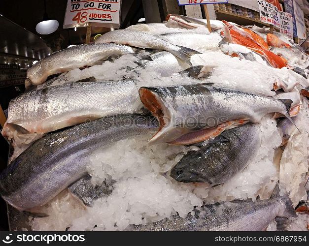 Fresh fish on ice for sale at Pike Place Market in Seattle