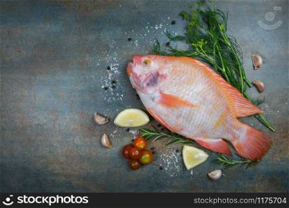 Fresh fish with herbs spices rosemary and lemon garlic tomato / Raw fish red tilapia on dark plate background