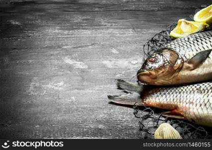 Fresh fish with lemon on a fishing net. On a black wooden background.. Fresh fish with lemon on a fishing net.