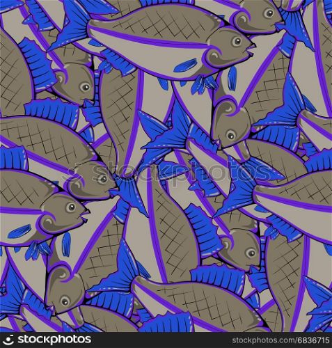 Fresh Fishes with Blue Fins and Tails. Seamless Sea Food Pattern. Fishes Seamless Pattern