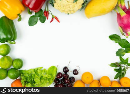 Fresh fruit and vegetable. Frame of fresh raw organic vegetables on white background