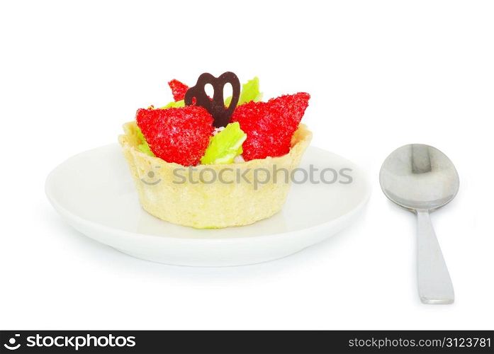 fresh fruit cake on blue background