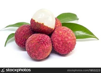 fresh fruit lychee with green leaf on white background, Asian sweet fruit.