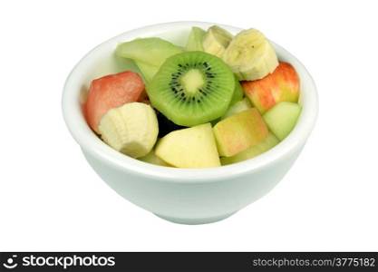 Fresh fruit salad in a bowl on a white background.