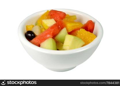 Fresh fruit salad in a bowl on a white background.