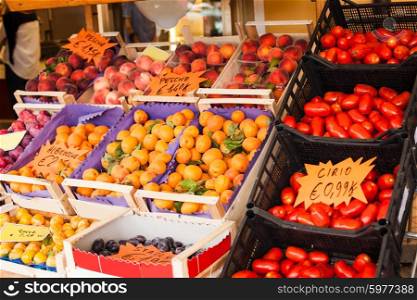 Fresh fruits and tomatoes at the market. The fruit market