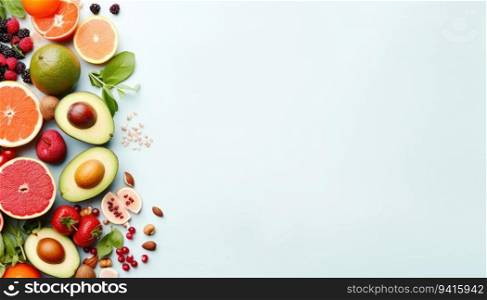 Fresh fruits and vegetables on blue background. Healthy eating concept. Top view with copy space