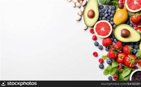 Fresh fruits and vegetables on white background, top view. Superfood concept