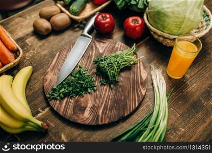 Fresh fruits and vegetables on wooden table closeup, nobody. Healthy food concept. Organic nutrition, eco products. Fruits and vegetables on wooden table, eco product
