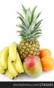 fresh fruits assortment (pineapple, orange, banana, mango) isolated on white background