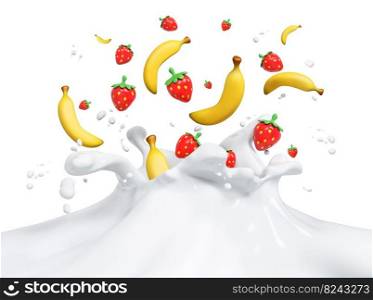 Fresh fruits falling into the milky splash milk isolated 3d rendering
