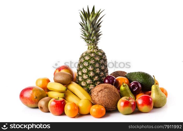Fresh fruits isolated on a white background. Set of different fresh fruits.