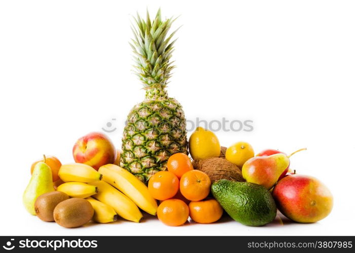 Fresh fruits isolated on a white . Set of different fresh fruits