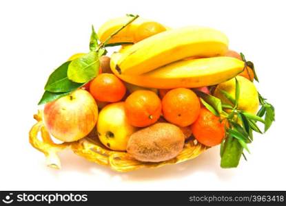 fresh fruits on a platter on white