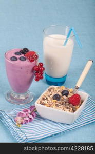 Fresh glass of delicious yogurt with berries and muesli