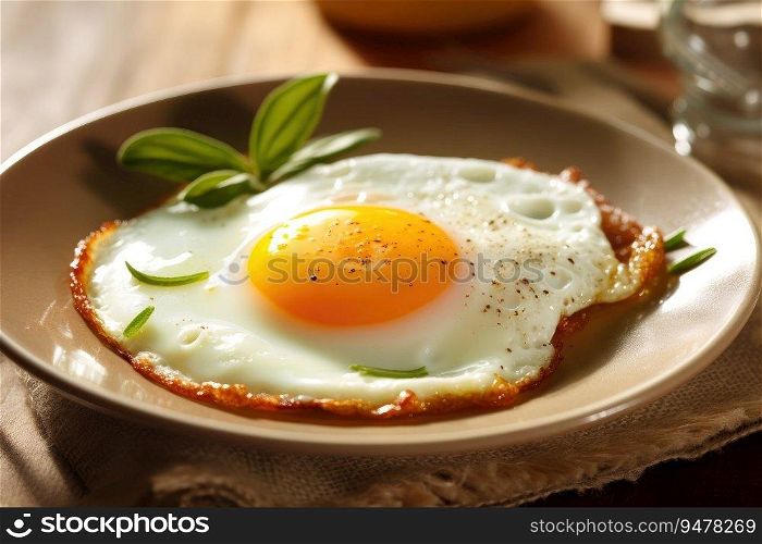 Fresh gourmet meal fried egg on plate. Generated AI
