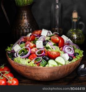 Fresh Greek salad in Bowl, still life