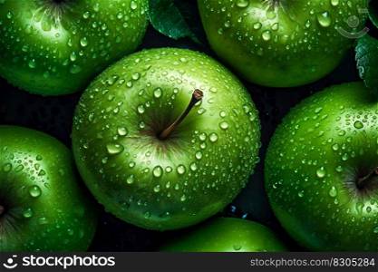 Fresh Green Apple Seamless Background with Droplets of Water, Top-Down View. Generative AI. High quality illustration. Fresh Green Apple Seamless Background with Droplets of Water, Top-Down View. Generative AI