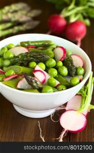 Fresh green asparagus, radish and pea salad served in bowl, photographed on dark wood with natural light (Selective Focus, Focus in the middle of the salad)