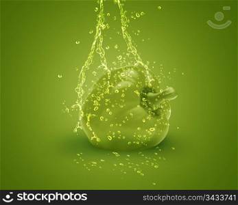 Fresh Green bell pepper with water splashes on green background.