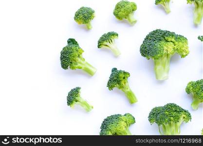 Fresh green broccoli on white background. Copy space