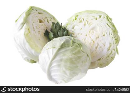 fresh green cabbage fruit with cut isolated on white background