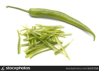 Fresh green chili close up on white background
