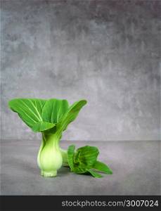 fresh green Chinese cabbage (pok choi) on gray background with copy space. green Chinese cabbage
