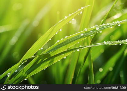 Fresh green grass with water drops close up.