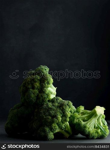 Fresh green head of broccoli on black background	