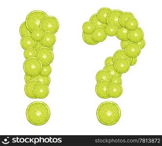 fresh green lime slices formed question and exclamation mark.
