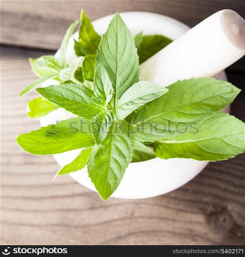 Fresh green mint in mortar on the table, shallow DOF