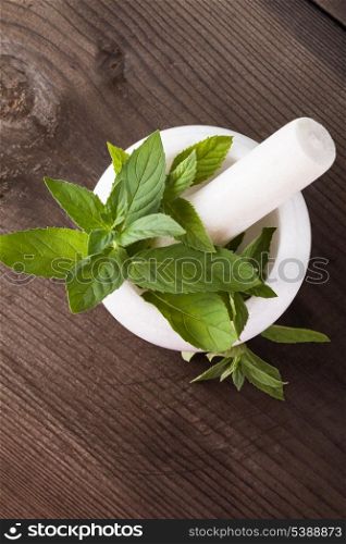 Fresh green mint in mortar on wood background closeup