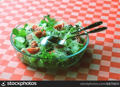Fresh green mixed salad with tomato and alfalfa