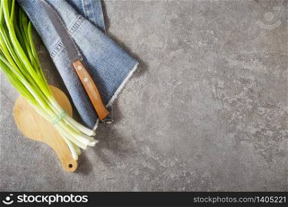 Fresh green onion for salad on gray background