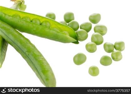 Fresh green pea pod on white background