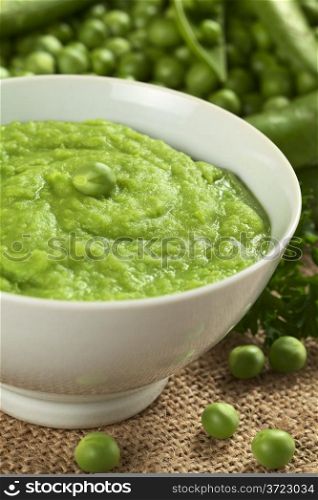 Fresh green pea soup with pea seeds and pea pods around (Selective Focus, Focus on the pea in the middle of the soup)