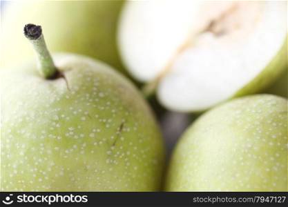 fresh green pears, shallow depth of field
