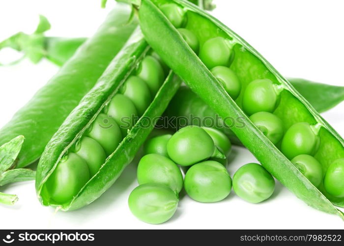 Fresh green peas pods on white background