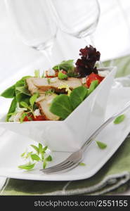 Fresh green salad with grilled chicken herbs and tomatoes