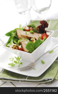 Fresh green salad with grilled chicken herbs and tomatoes