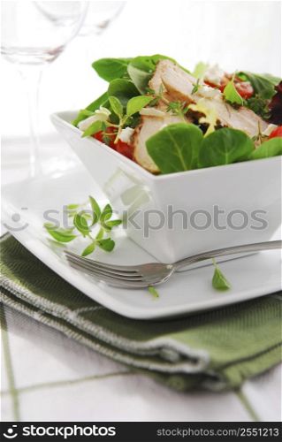 Fresh green salad with grilled chicken herbs and tomatoes