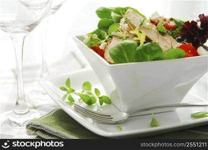 Fresh green salad with grilled chicken herbs and tomatoes, close up
