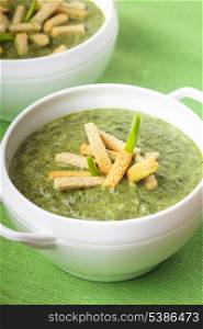 Fresh green spinach cream soup with croutons in a bowl