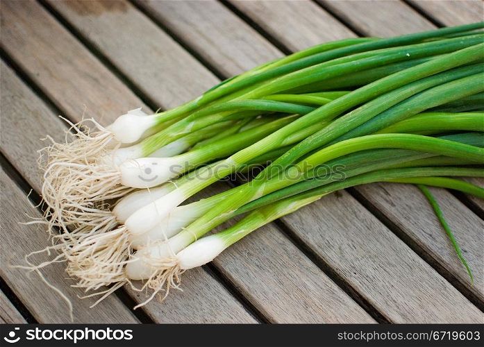 fresh green spring onions over old wooden table