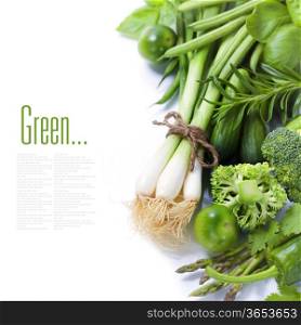 fresh green vegetables on white background (with easy removable sample text)