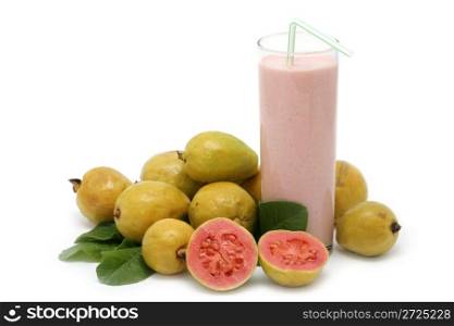 Fresh Guava fruit with leaves and milkshake on white background